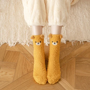 1 Пара Зимних теплых женских бархатных носков с вышитым Медведем, Пушистые носки для сна с мультяшным Медведем, Пушистые носки с животными из кораллового флиса, Пушистые носки с животными