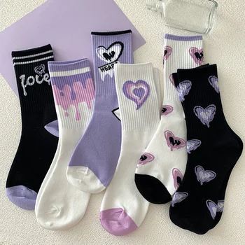 1 Пара Фиолетовых женских носков Love Harajuku Kawaii, Носки средней длины, Милые студенческие повседневные короткие носки для девочек, Дышащие Sox Meias