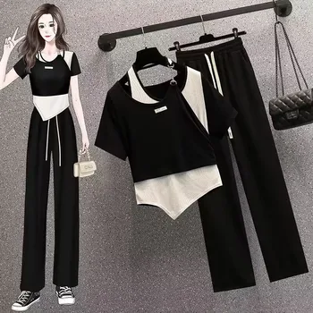 2023 Новый летний женский костюм в корейском стиле, модная футболка большого размера с короткими рукавами, Повседневные широкие брюки, комплект из двух предметов
