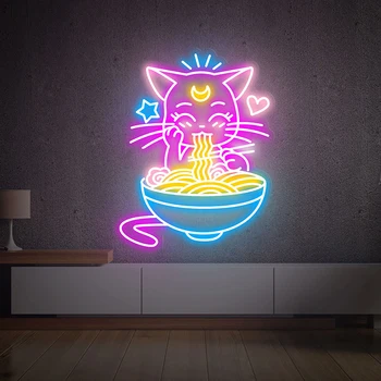 Lucky Cat Ramen, неоновая вывеска из аниме, Японская лапша, неоновый свет, Декор стен, неоновые вывески ресторана, Украшение кухни, Светодиодная подсветка