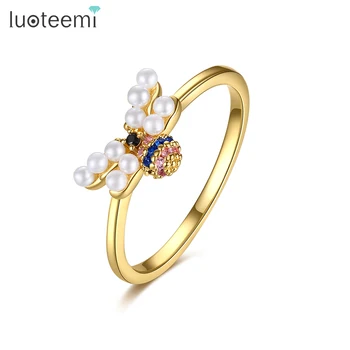 LUOTEEMI Милая пчелка Золотого цвета, вечернее кольцо для женщин, имитация жемчуга с высококачественным кубическим цирконием, кольцо для друзей, рождественские подарки