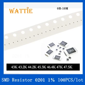 SMD резистор 0201 1% 43K 43.2K 44.2K 45.3K 46.4K 47K 47.5K 100 шт./лот микросхемные резисторы 1/20 Вт 0.6 мм *0.3 мм