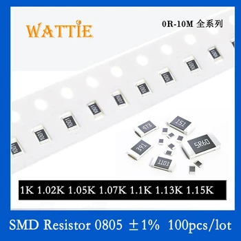 SMD резистор 0805 1% 1K 1.02K 1.05K 1.07K 1.1K 1.13K 1.15K 100 шт./лот микросхемные резисторы 1/8 Вт 2.0 мм* 1.2 мм