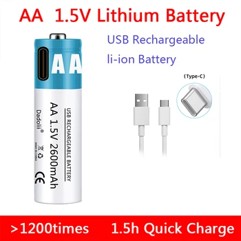Батарейка типа АА 1,5 В Литий-ионная аккумуляторная батарея типа АА с USB-кабелем, литий-полимерные батарейки типа С для игрушечного пульта дистанционного управления MP3