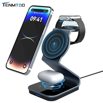 Беспроводная Зарядная станция Tenmtoo 3 в 1 для устройств Apple Мощностью 15 Вт MagSafe Charger Stand Совместима с iPhone Apple Watch AirPods