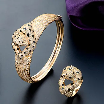 Бренд Zlxgirl Леопардовая форма Женский размер браслет кольцо Ювелирные наборы для свадьбы, помолвки медь Реактивная Эмаль браслет с животными и браслет