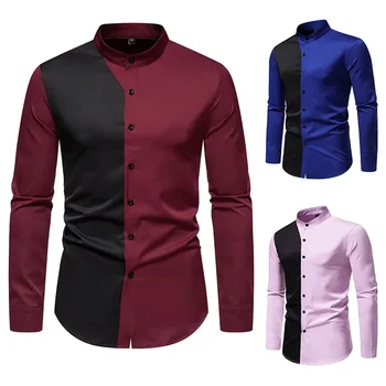 Весной и осенью 2023 года Новые мужские контрастные рубашки с длинным рукавом, облегающие однотонные деловые рубашки.