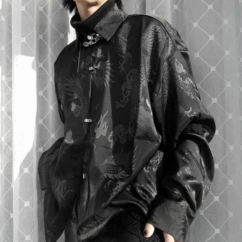 Винтажные блузки в стиле Харадзюку, мужская атласная рубашка с принтом Тотема Дракона, уличная одежда, рубашки с длинными рукавами на пуговицах, топы в китайском стиле Унисекс
