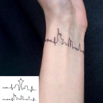 Водонепроницаемая временная татуировка, наклейка на горизонт Сиэтла, Нью-Йорка, Чикаго, Простая линия, полоса, флэш-татуировка, поддельная татуировка для женщин