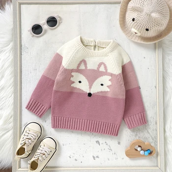 Вязаные свитера для малышей, милые пуловеры с лисой контрастного цвета с длинными рукавами, топы, толстовки для малышей на осень