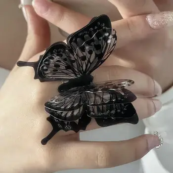 Готическое преувеличенное кольцо с большой бабочкой из металла черного цвета в стиле панк, регулируемые изящные кольца с насекомыми, вечерние женские украшения