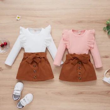 Детская одежда Осень-зима, однотонная футболка с длинными рукавами для девочек и вельветовая юбка, модная одежда из двух предметов для девочек