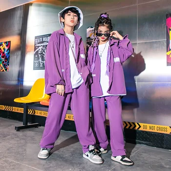 Детский костюм в стиле хип-хоп, фиолетовая рубашка, мешковатые брюки, комплекты уличной одежды для девочек и мальчиков, джазовый танцевальный костюм, одежда для сцены