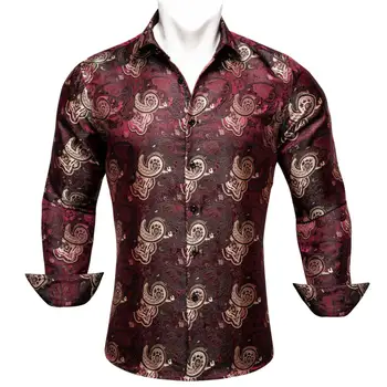 Дизайнерские рубашки для мужчин из шелка с длинным рукавом, красные, бежевые, с вышивкой Пейсли, Облегающие мужские блузки, повседневные топы, дышащие Barry Wang