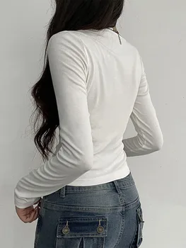 Женские весенне-осенние модные топы, Белая футболка с кружевной отделкой и рюшами на завязках с длинным рукавом