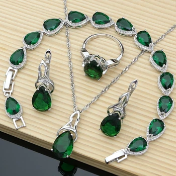 Женские наборы ювелирных изделий из серебра 925 пробы, серьги с зеленым изумрудным камнем, кольца, модные аксессуары, комплект колье, Дропшиппинг