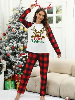 Женский новый Рождественский пижамный комплект с принтом лося, повседневный топ с круглым вырезом и клетчатые брюки, пижама из 2 предметов, одежда для отдыха