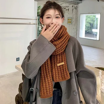 Женский осенне-зимний шерстяной вязаный шарф, универсальный однотонный шарф в японско-корейском стиле, милый