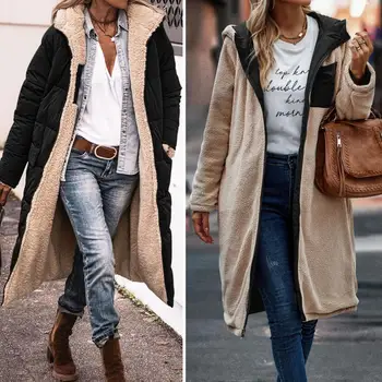 Женское зимнее пальто с обратимым ходом, женское зимнее длинное пальто с капюшоном на флисовой подкладке, двусторонняя износостойкая пуховая куртка с