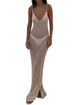 Женское пляжное платье-накидка с вырезом крючком и открытой спиной для бикини, купальник, летняя одежда с вязаным рисунком