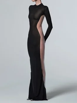 Женское Сексуальное Сетчатое Лоскутное Открытое Длинное Платье High Street Elegant 2023 С Высокой Талией, Прозрачные Тонкие Черные Платья Для Вечеринок