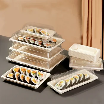 Индивидуальная упаковка для продуктов на вынос, разлагаемая прямоугольная коробка для японских суши, лоток для сашими из соломы и мякоти сахарного тростника.
