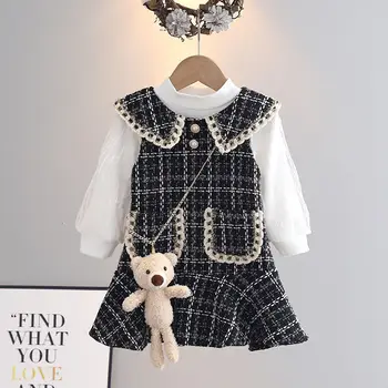 Комплект одежды для темперамента девочек, детская Корейская клетчатая жилетка, юбка + рубашка с длинными рукавами + кукла, тренд осенней одежды из 3 предметов
