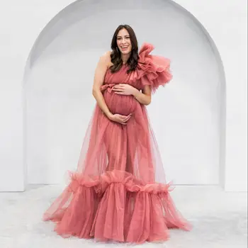 Коралловое платье для фотосессии беременных на одно плечо, длина до пола, тюлевые оборки, талия в стиле ампир, выпускное платье для душа ребенка, макси-платье