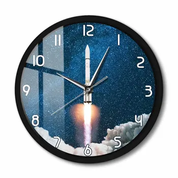 Космический шаттл Взлетает Современный дизайн Бесшумные настенные часы в металлическом каркасе Спутниковое искусство Запуск ракеты космического корабля Декоративные настенные часы