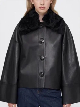 Куртка для женщин 2023, Новая осенняя кожаная куртка со съемным меховым воротником, Однобортный силуэт, свободное повседневное короткое пальто