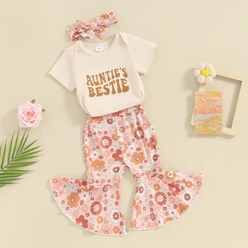 Летние Милые наряды для новорожденных девочек, комбинезон с короткими рукавами и буквенным принтом, расклешенные брюки с цветочным принтом, повязка на голову, комплекты одежды из 3 предметов