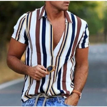 Летняя гавайская рубашка 2023 года, мужская блузка с отворотом и коротким рукавом в вертикальную полоску, облегающая блузка с обычным подолом.