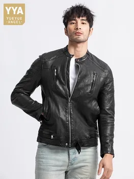 Мужская мотоциклетная байкерская куртка из натуральной кожи в стиле панк, приталенная, модная, на молнии, воротник-стойка, короткое пальто из овчины, на заказ 15 дней
