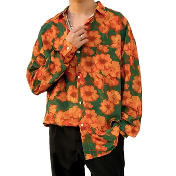 Мужские повседневные рубашки с длинными рукавами и цветочным принтом, рубашка в стиле харадзюку, мужская блузка с открытыми плечами, винтажная одежда, уличная одежда
