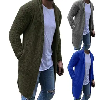 Мужской кардиган, однотонный вязаный свитер с открытой передней частью, свободные карманы, мужской кардиган, пальто, модный зимний длинный кардиган, мужская одежда
