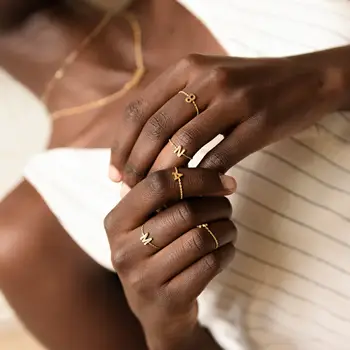 Начальное кольцо с цепочкой Кольцо с пользовательским именем Персонализированные буквы Инициалы Кольцо из нержавеющей стали Минимальное Кольцо с буквами Подарки для женщин