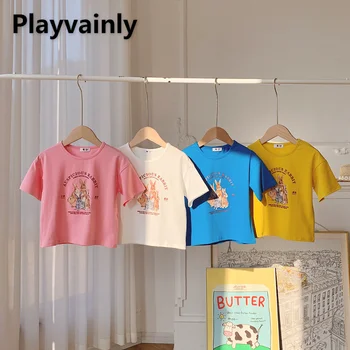 Новая летняя футболка для девочки ярких цветов с милым принтом в виде кролика, круглый воротник, топ с коротким рукавом, детская свободная одежда E1988