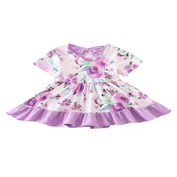 Новейший дизайн Детское платье в цветочек для девочек Фиолетовое с бантом Детское платье летнее платье для девочек 3-6 лет