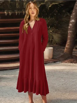 Новое Модное Женское платье Чистого цвета С V-образным вырезом и длинным рукавом, Пригородный Карман, Нерегулярное Vestido, Повседневное Вечернее платье для женщин 2023