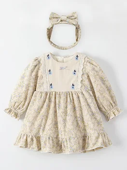 Новые платья принцессы с цветочным рисунком для маленьких девочек, осенне-зимнее флисовое платье с длинными рукавами и круглым вырезом и оборками, простая милая детская одежда для девочек