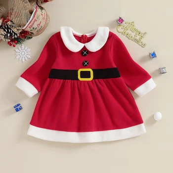 Одежда для малышей, красное рождественское платье для девочек, плюшевое платье с кукольным воротником и длинным рукавом, школьная одежда для вечеринок на открытом воздухе, детская одежда