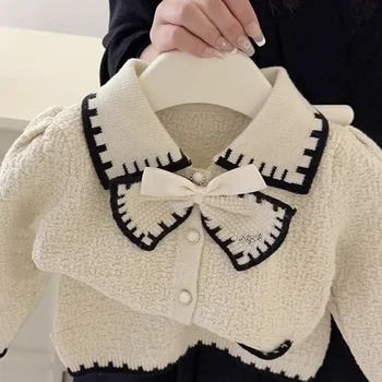Осенний комплект одежды с кардиганом для девочек 2023, зимнее пальто с милым воротником-бантом + короткая юбка, модный детский вязаный комплект для малышей