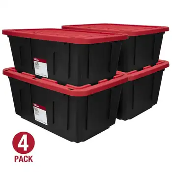 Пластиковый контейнер для хранения с защелкивающейся крышкой емкостью 27 галлонов, с красной крышкой, набор из 4