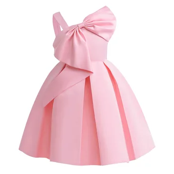 Платье для девочек 2023 года, новое однотонное платье на одно плечо, модное платье принцессы, детский Рождественский подарок, платье с бантом для 2-5-10 лет