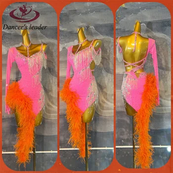 Платье для латиноамериканских танцев, высококачественная изготовленная на Заказ Подвесная шея с бриллиантовой кисточкой, Пушистый хвост, Профессиональная одежда для сцены Ча-Ча-танго