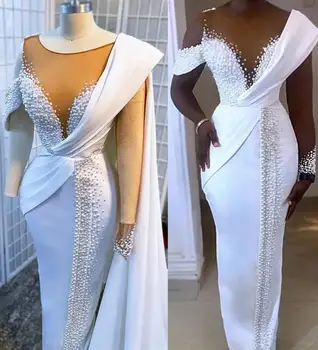 Плюс Размер Арабский Aso Ebi Свадебные Платья Жемчуг Бисером пятно иллюзия накидка с длинным рукавом нигерийская принцесса свадебное платье