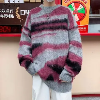 Полосатые свитера Для мужчин контрастного цвета, предотвращающие опрос, Шикарные, Нежные, С напуском, Красивые, Весна-осень, Японский стиль, Простая повседневная улица