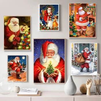 Рождественские картины с Санта-Клаусом, Лосями и снегом, Настенная живопись, современные плакаты и принты, Домашний декор для гостиной Cuadros