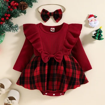 Рождественский Красный комбинезон для девочки Для новорожденных, комбинезон с оборками и бантом, Рождественские костюмы в клетку с принтом