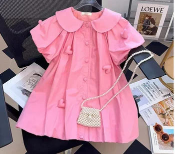 Розничная продажа 2023 Летнее Розовое платье с рисунком любви для маленьких девочек, милая одежда принцессы для девочек 3-9 Т